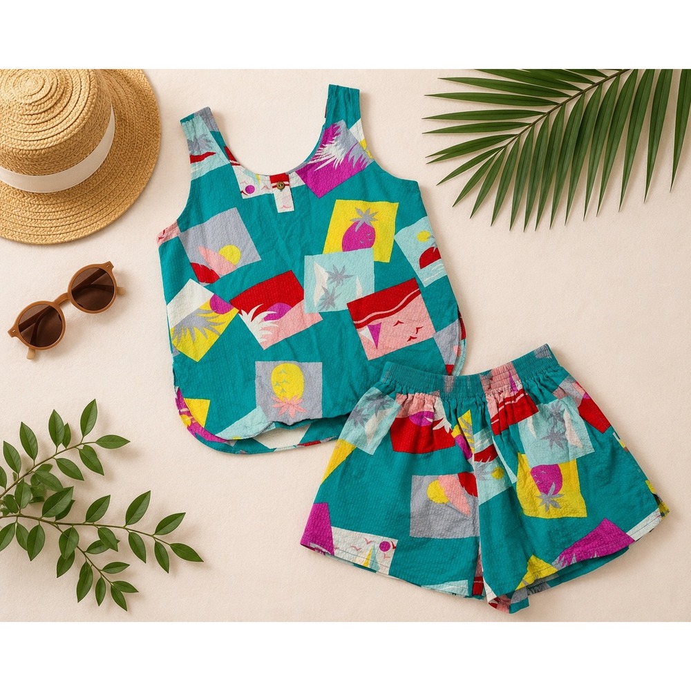 Vintage Nani Honolulu Tropical 90s y2k Print Teal Pink Seersucker Tank & Shorts